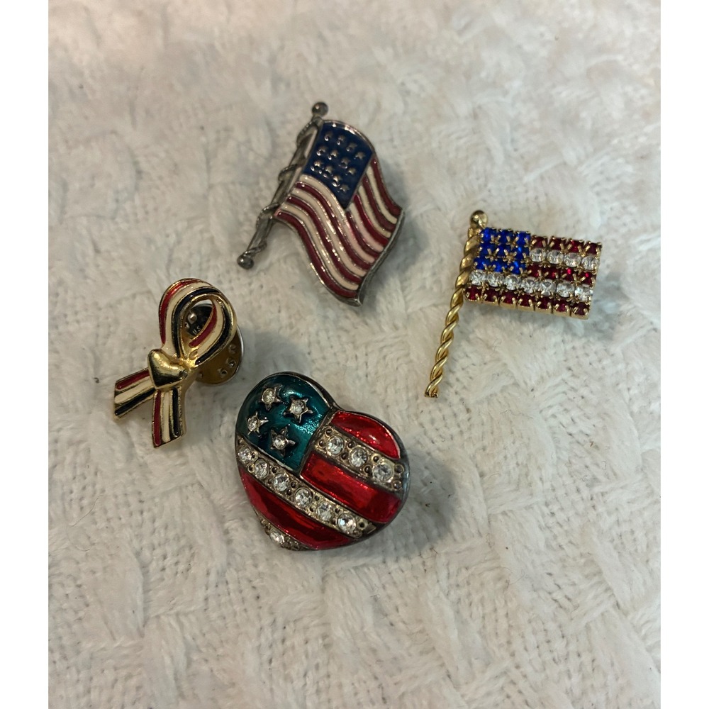 4pc Patriotic American Flag Brooch Pin Lot Rhinestone Enamel USA Americana